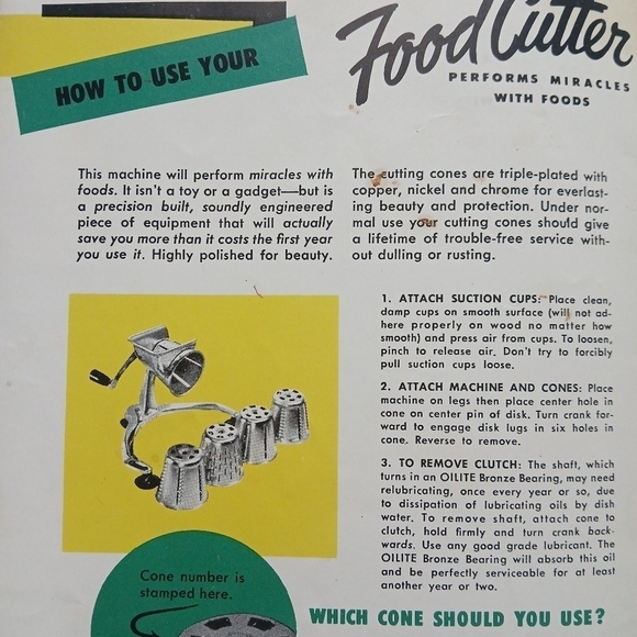 Vintage 1955 Pamphlet Instructions for using your Miracle Food Cutter Cone Model - Picture 3 of 8